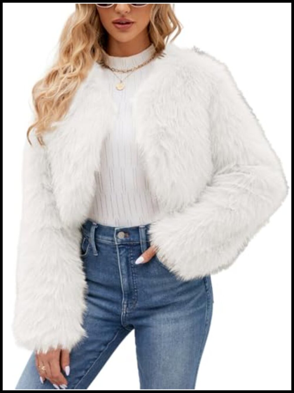 Cropped Faux Fur Coat Long Sleeve Open Front Short Jacket Winter Warm Outwear